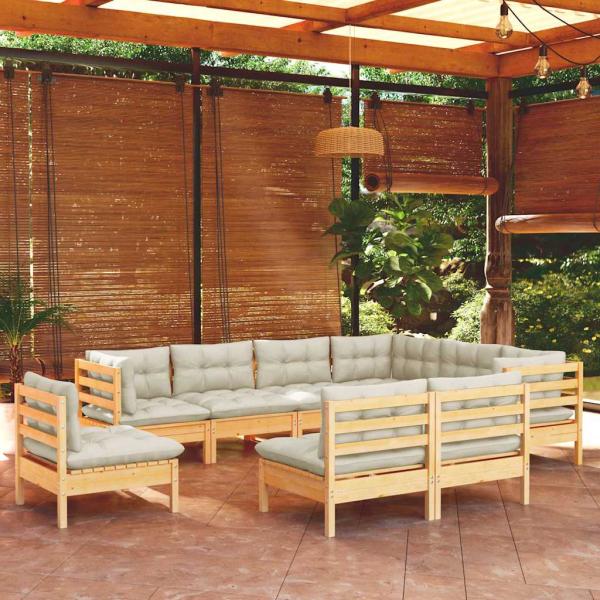 ARDEBO.de - 9-tlg. Garten-Lounge-Set mit Creme Kissen Massivholz Kiefer