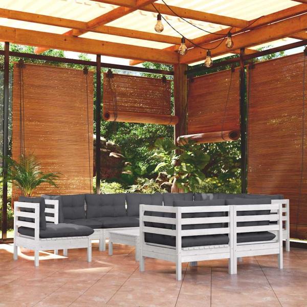 ARDEBO.de - 10-tlg. Garten-Lounge-Set mit Kissen Weiß Kiefer Massivholz