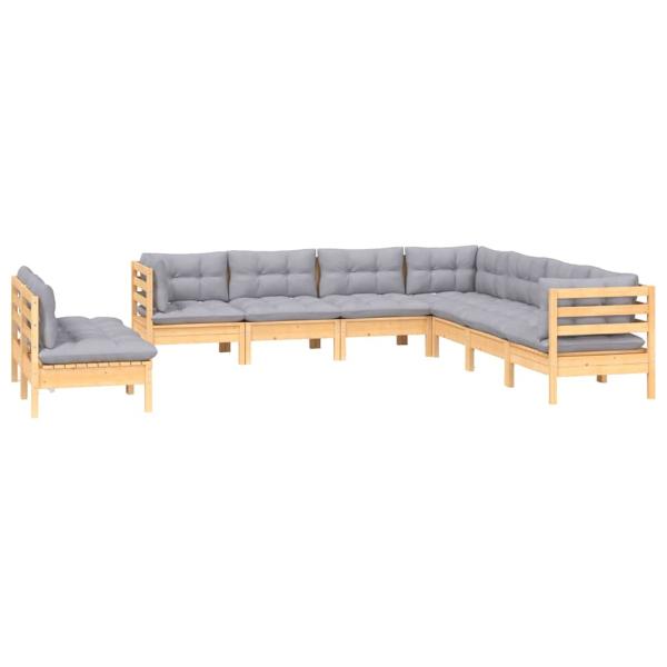 9-tlg. Garten-Lounge-Set mit Grauen Kissen Massivholz Kiefer