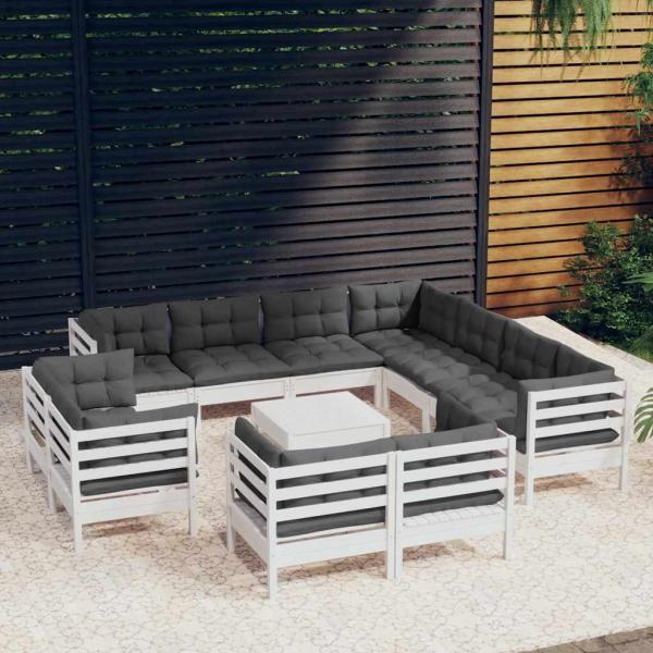 ARDEBO.de - 12-tlg. Garten-Lounge-Set mit Kissen Weiß Massivholz Kiefer