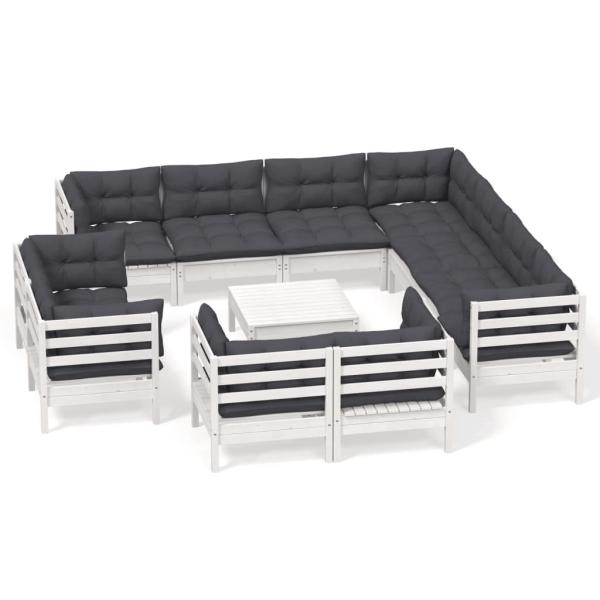 12-tlg. Garten-Lounge-Set mit Kissen Weiß Massivholz Kiefer