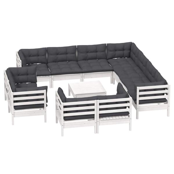 12-tlg. Garten-Lounge-Set mit Kissen Weiß Massivholz Kiefer