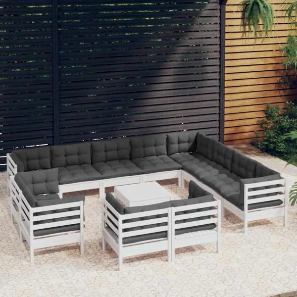 ARDEBO.de - 13-tlg. Garten-Lounge-Set mit Kissen Weiß Massivholz Kiefer
