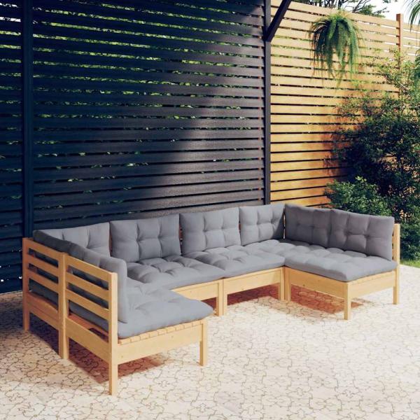ARDEBO.de - 6-tlg. Garten-Lounge-Set mit Grauen Kissen Kiefer Massivholz