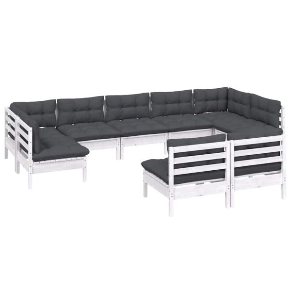 9-tlg. Garten-Lounge-Set mit Kissen Weiß Kiefer Massivholz