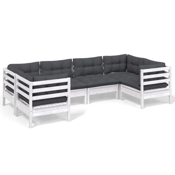 6-tlg. Garten-Lounge-Set mit Kissen Weiß Kiefernholz