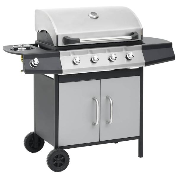 Gasgrill 4+1 Flammen Schwarz und Silbern Stahl & Edelstahl