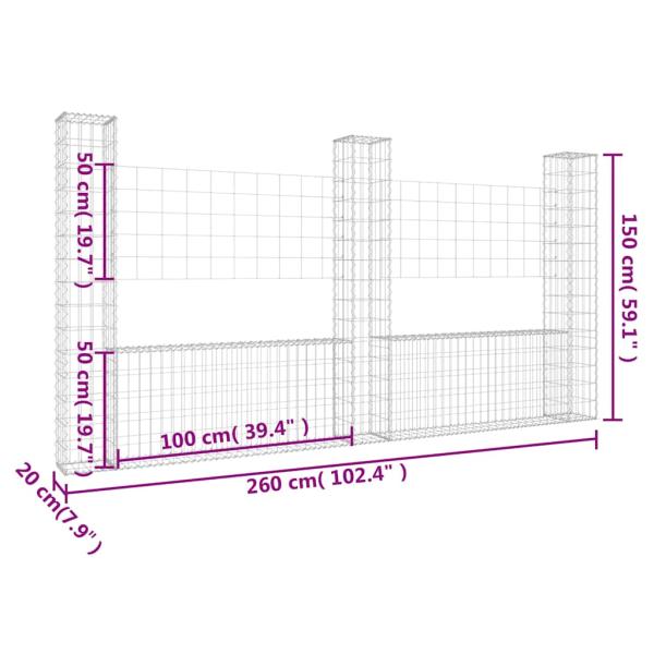 Gabionenkorb U-Form mit 3 Säulen Eisen 260x20x150 cm