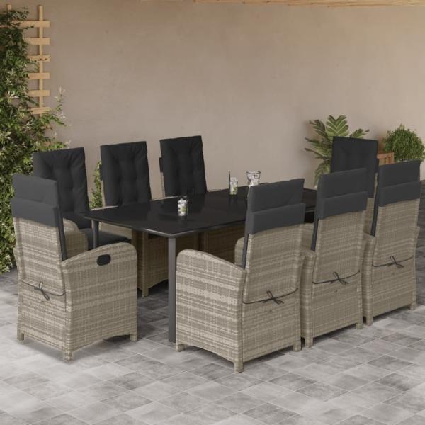 ARDEBO.de - 9-tlg. Garten-Essgruppe mit Kissen Hellgrau Poly Rattan