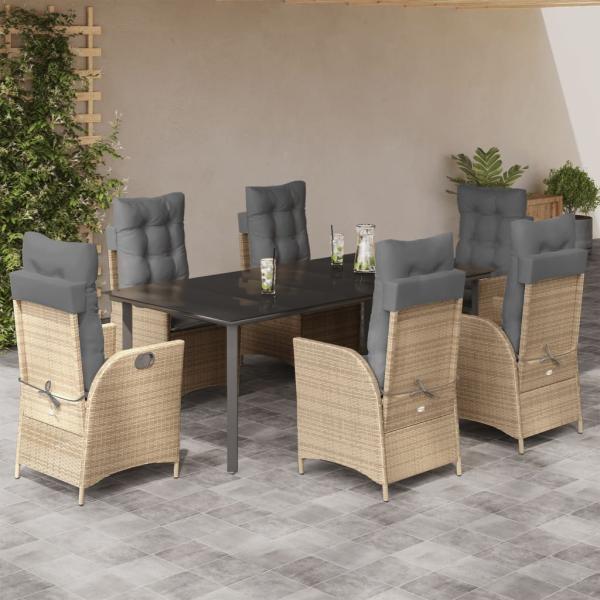 ARDEBO.de - 7-tlg. Garten-Essgruppe mit Kissen Beige Poly Rattan