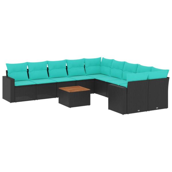 11-tlg. Garten-Sofagarnitur mit Kissen Schwarz Poly Rattan