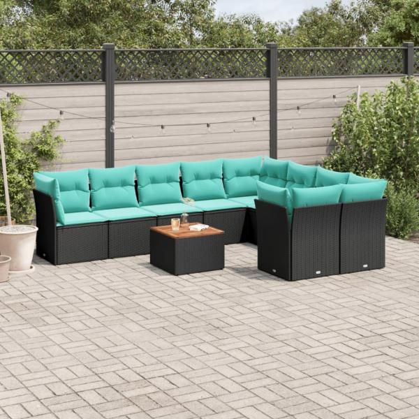 ARDEBO.de - 10-tlg. Garten-Sofagarnitur mit Kissen Schwarz Poly Rattan
