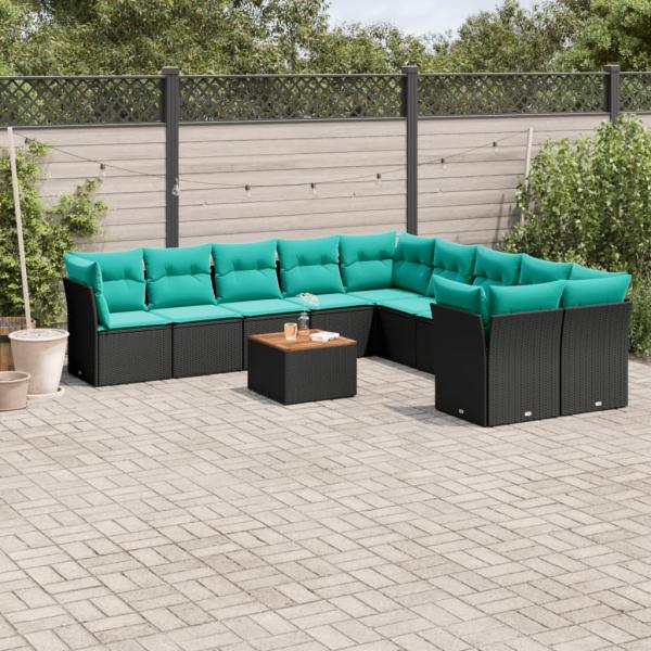 ARDEBO.de - 11-tlg. Garten-Sofagarnitur mit Kissen Schwarz Poly Rattan