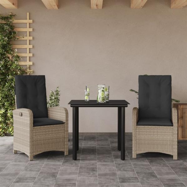 ARDEBO.de - 3-tlg. Garten-Essgruppe mit Kissen Hellgrau Poly Rattan