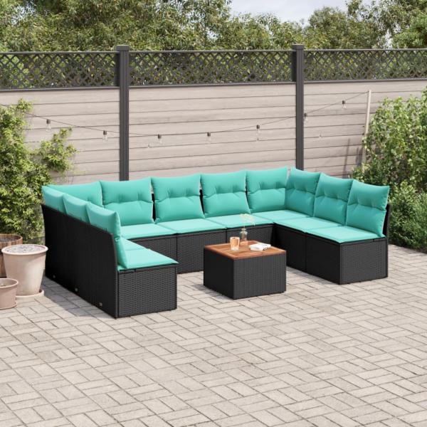 ARDEBO.de - 10-tlg. Garten-Sofagarnitur mit Kissen Schwarz Poly Rattan