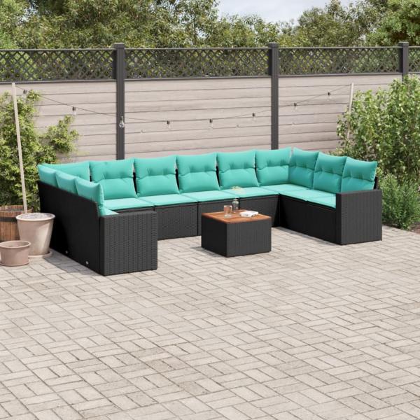 ARDEBO.de - 11-tlg. Garten-Sofagarnitur mit Kissen Schwarz Poly Rattan