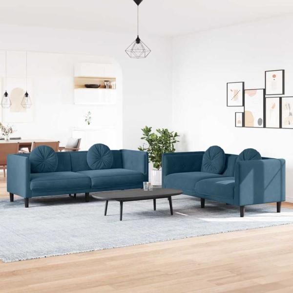 ARDEBO.de - 2-tlg. Sofagarnitur mit Kissen Blau Samt
