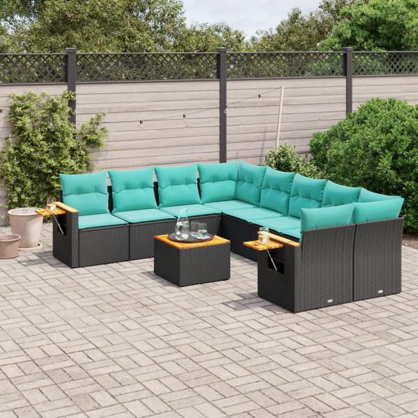 ARDEBO.de - 9-tlg. Garten-Sofagarnitur mit Kissen Schwarz Poly Rattan