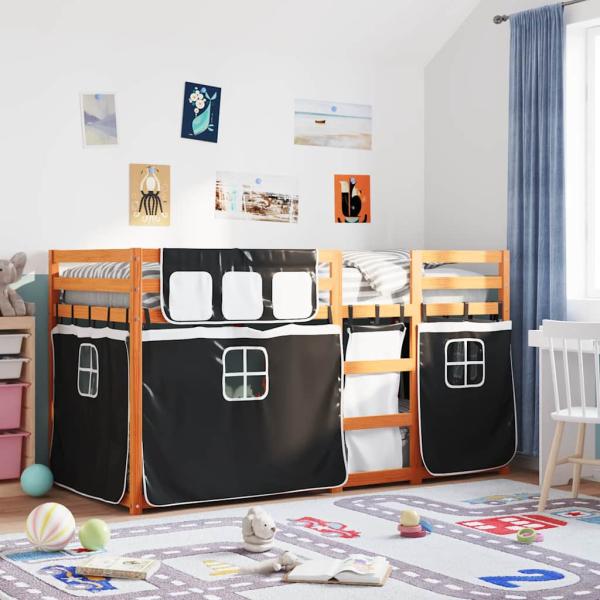 ARDEBO.de - Etagenbett mit Vorhängen Weiß Schwarz 90x200 cm Kiefernholz