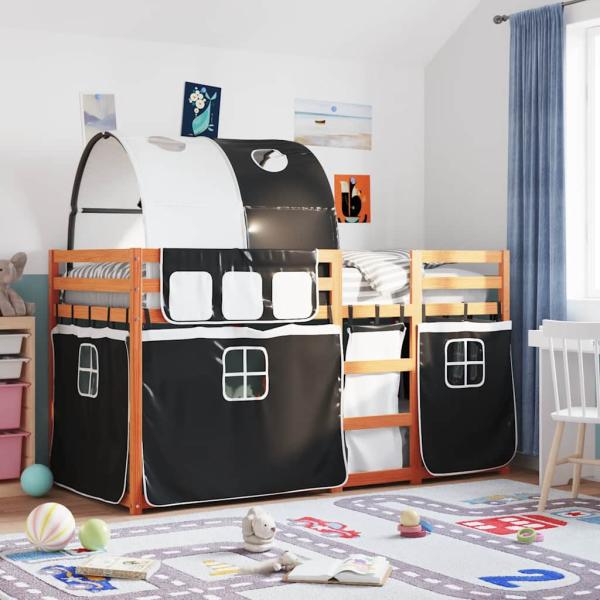 ARDEBO.de - Etagenbett mit Vorhängen Weiß & Schwarz 90x190 cm Kiefernholz