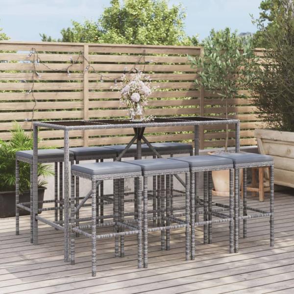 ARDEBO.de - 9-tlg. Gartenbar-Set mit Kissen Grau Poly Rattan