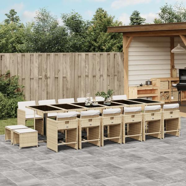 ARDEBO.de - 17-tlg. Garten-Essgruppe mit Kissen Beige Poly Rattan