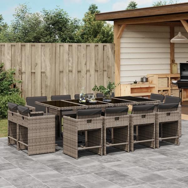 ARDEBO.de - 13-tlg. Garten-Essgruppe mit Kissen Grau Poly Rattan