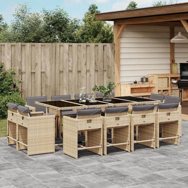 ARDEBO.de - 13-tlg. Garten-Essgruppe mit Kissen Beigemischung Poly Rattan