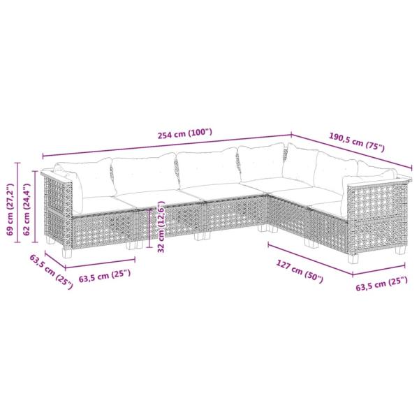 6-tlg. Garten-Sofagarnitur mit Kissen Grau Poly Rattan