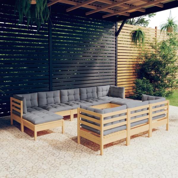 ARDEBO.de - 10-tlg. Garten-Lounge-Set mit Grauen Kissen Kiefer Massivholz