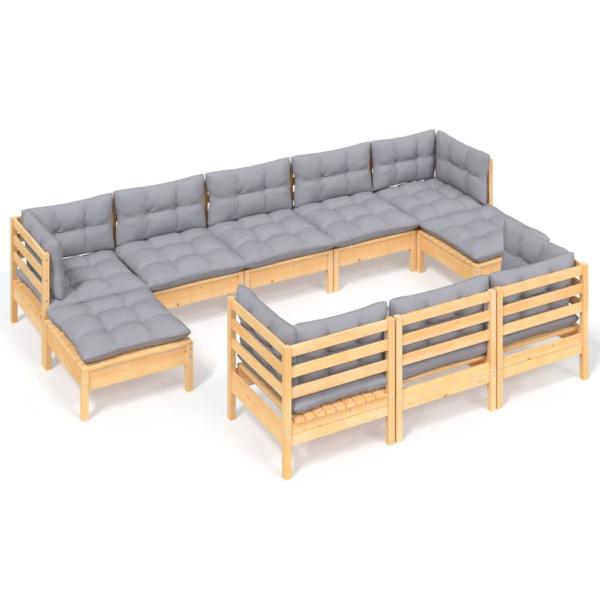 10-tlg. Garten-Lounge-Set mit Grauen Kissen Kiefer Massivholz