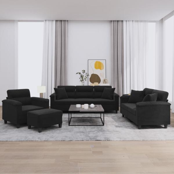 ARDEBO.de - 4-tlg. Sofagarnitur mit Kissen Schwarz Mikrofasergewebe