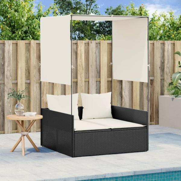ARDEBO.de - Doppel-Sonnenliege mit Dach und Vorhängen Schwarz Poly-Rattan