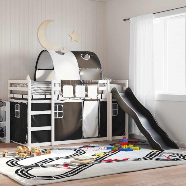 ARDEBO.de - Etagenbett mit Rutsche und Gardinen Weiß und Schwarz 90x200 cm