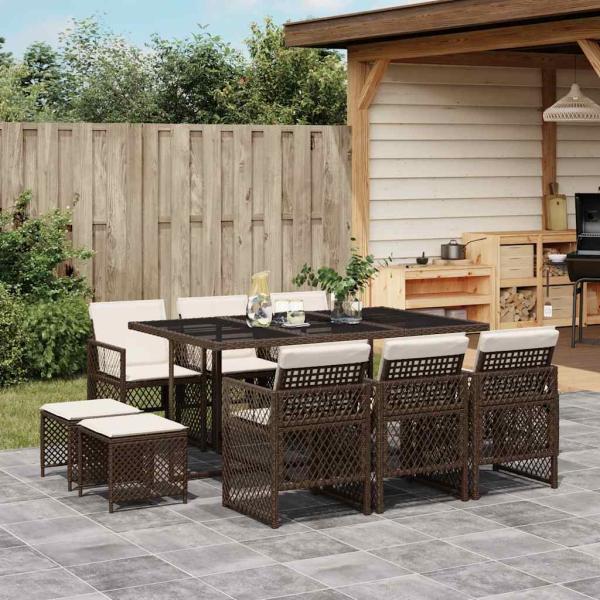 ARDEBO.de - 11-tlg. Garten-Essgruppe mit Kissen Braun Poly Rattan