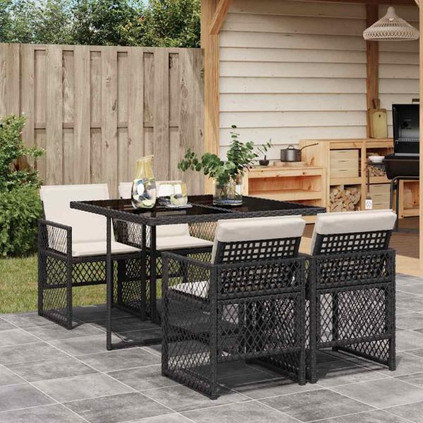 ARDEBO.de - 5-tlg. Garten-Essgruppe mit Kissen Schwarz Poly Rattan