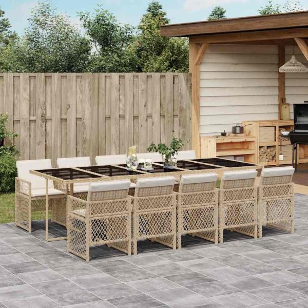ARDEBO.de - 11-tlg. Garten-Essgruppe mit Kissen Beige Poly Rattan