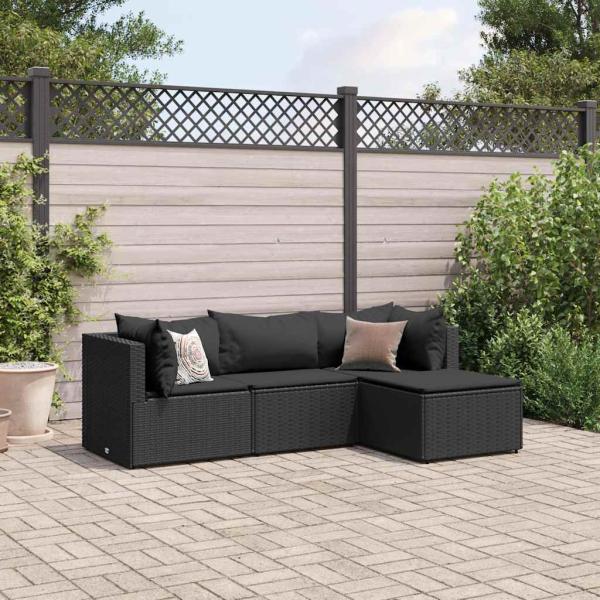 ARDEBO.de - 4-tlg. Garten-Lounge-Set mit Kissen Schwarz Poly Rattan