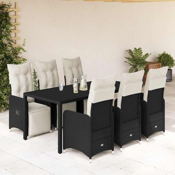 ARDEBO.de - 7-tlg. Garten-Bistro-Set mit Kissen Schwarz Poly Rattan