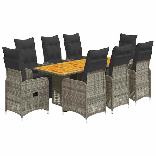 9-tlg. Garten-Bistro-Set mit Kissen Grau Poly Rattan