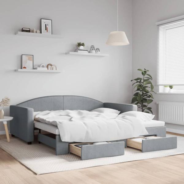 ARDEBO.de - Tagesbett Ausziehbar mit Schubladen Hellgrau 100x190 cm Stoff