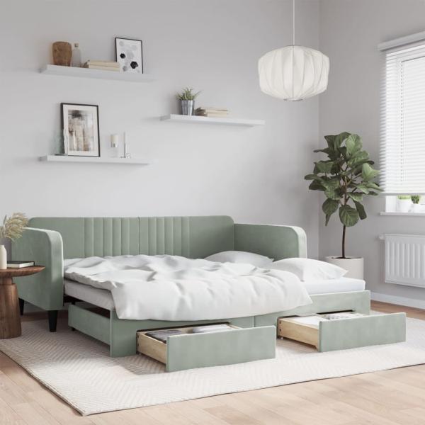 ARDEBO.de - Tagesbett Ausziehbar mit Schubladen Hellgrau 100x190 cm Samt
