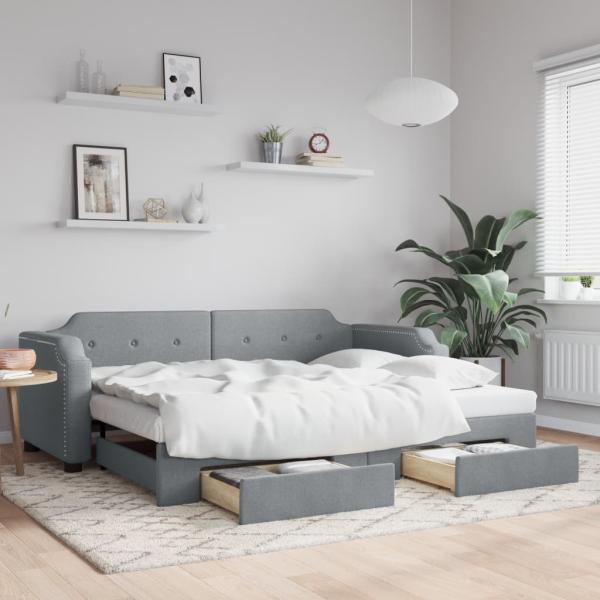 ARDEBO.de - Tagesbett Ausziehbar mit Schubladen Hellgrau 100x190 cm Stoff