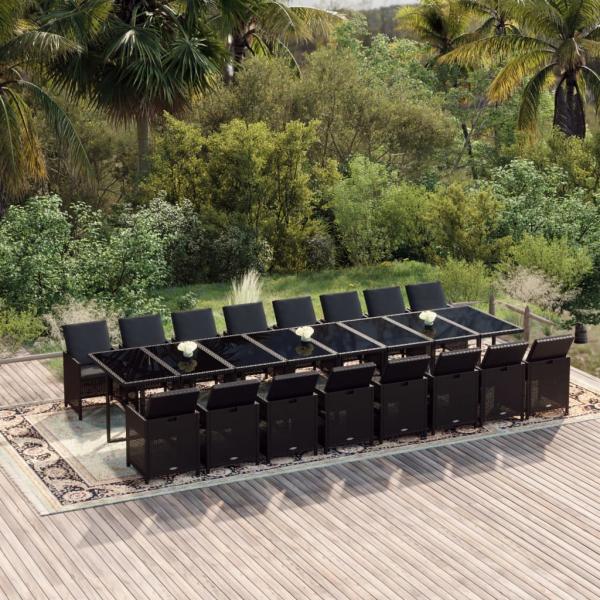 ARDEBO.de - 17-tlg. Garten-Essgruppe mit Kissen Schwarz Poly Rattan