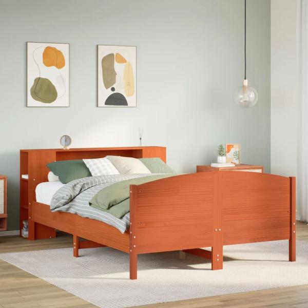ARDEBO.de - Massivholzbett mit Regal ohne Matratze Wachsbraun 135x190 cm