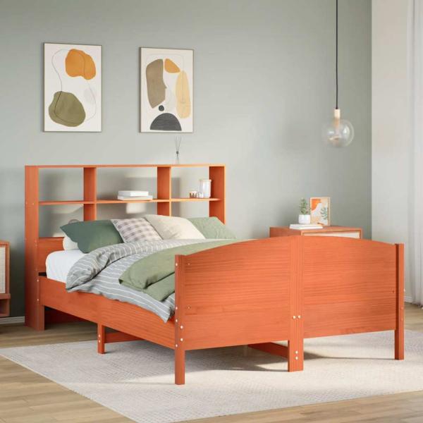 ARDEBO.de - Massivholzbett mit Regal ohne Matratze Wachsbraun 140x200 cm