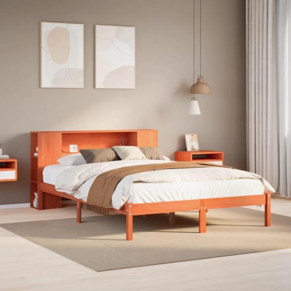 ARDEBO.de - Massivholzbett mit Regal ohne Matratze Wachsbraun 150x200 cm