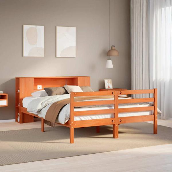 ARDEBO.de - Massivholzbett mit Regal ohne Matratze Wachsbraun 150x200 cm