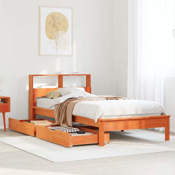 ARDEBO.de - Massivholzbett mit Regal ohne Matratze Wachsbraun 100x200 cm