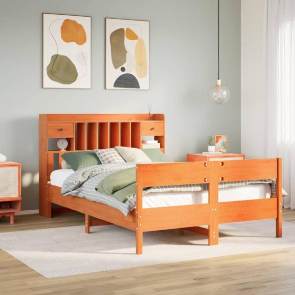 ARDEBO.de - Massivholzbett mit Regal ohne Matratze Wachsbraun 135x190 cm